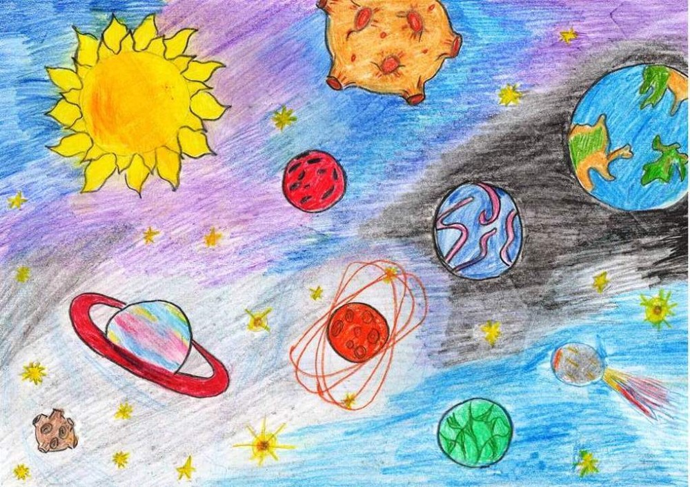 Рисунок космос 7 лет. Рисунок на тему космос. Рисование космос. Космический пейзаж для детей. Космос глазами детей.